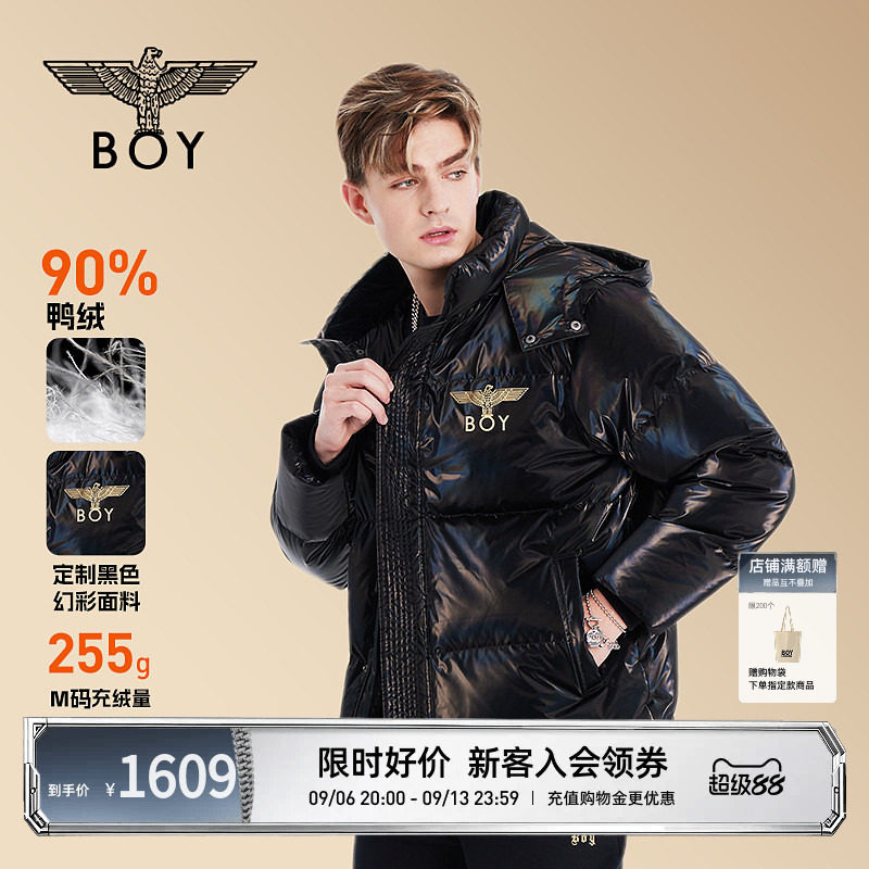 【黑胶唱片】BOYLONDON冬幻彩男女同款黑色短款保暖羽绒服N28915