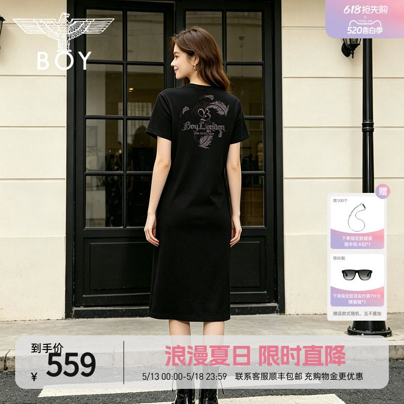 BOYLONDON潮流粉钻侧开叉黑色T恤裙2026夏季新款女连衣