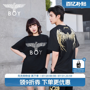 短袖 BOYLONDON夏季 情侶款 金翼鎖鏈 翅膀燙金潮牌涼感T恤N01918