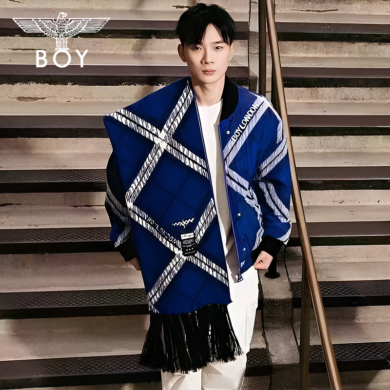 BOYLONDON蓝白拼色菱形格针织细条纹流苏披肩保暖男女围巾N88701