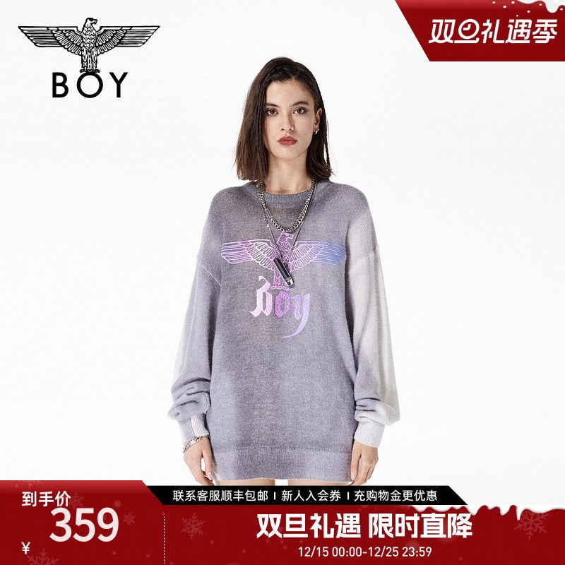 BOYLONDON春季印花撞色圆领宽松潮流朋克宽松套头针织毛衣N