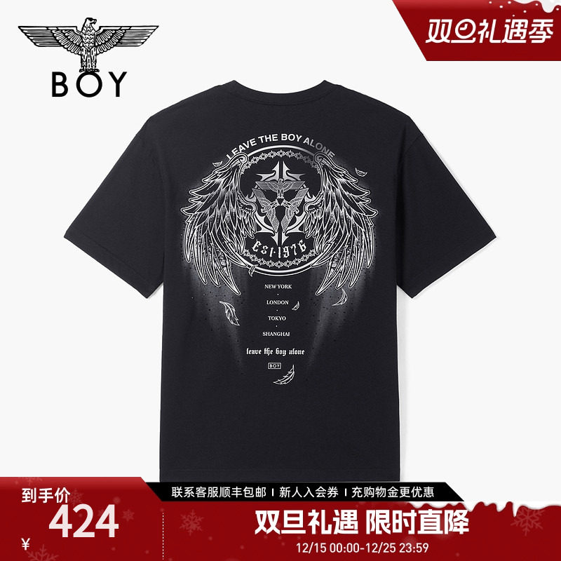BOYLONDON25新款夏季男女黑色翅膀印花潮牌时尚休闲短袖T