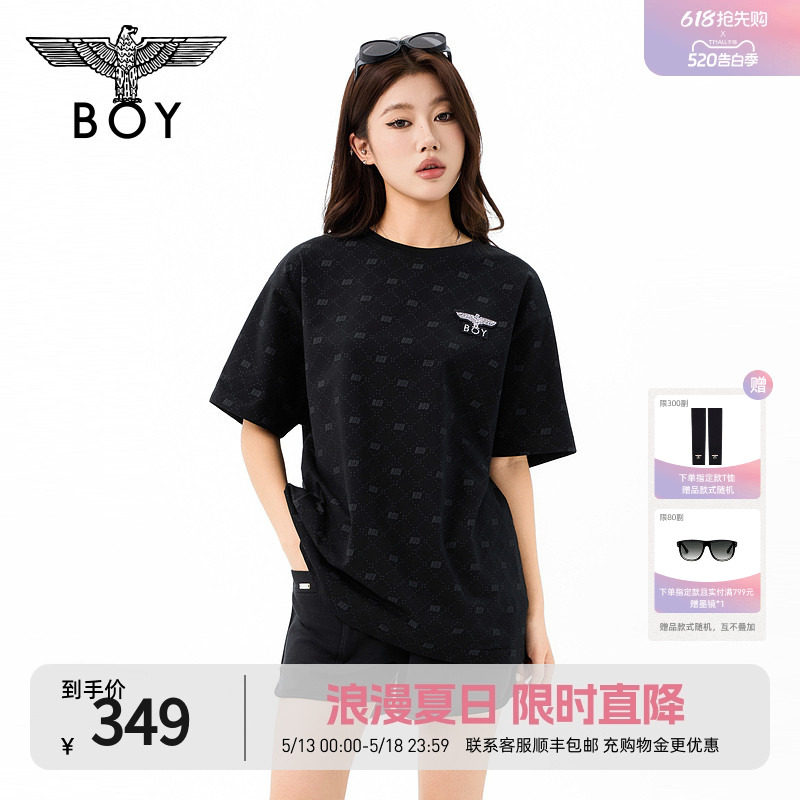 BOYLONDON街头风暗纹菱形格潮牌满印短袖2026夏季男女T
