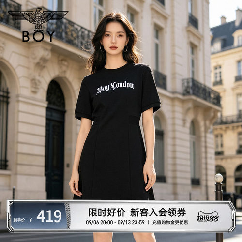 【巴黎之夜】BOYLONDON夏日仿蓝钻黑色连衣裙26女休闲T恤裙W17905