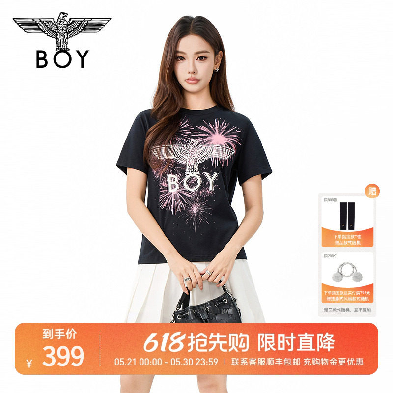 BOYLONDON黑色绚烂烟花潮牌老鹰刺绣百搭26年夏季新款女T