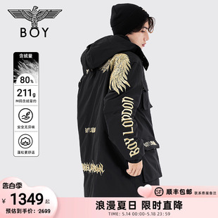 BOYLONDON冬季 羽绒服烫金翅膀刺绣保暖连帽长款 外套N26003 情侣款