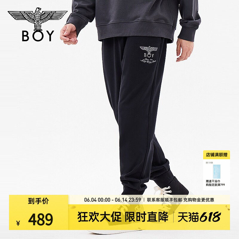 BOYLONDON男女同款长裤经典老鹰潮牌休闲黑色束脚裤N15803