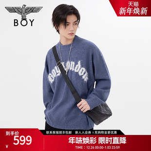 BOYLONDON春男女同款 提花宽松保暖蓝色针织套头毛衣N60017