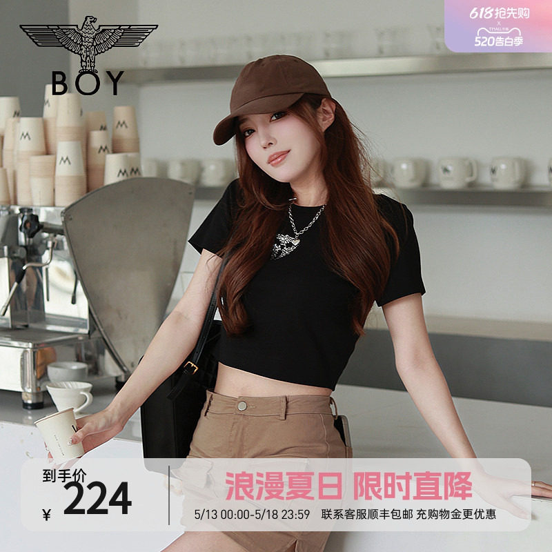 BOYLONDON夏季女士短款T恤三鹰标烫钻时尚立体短袖潮牌上衣
