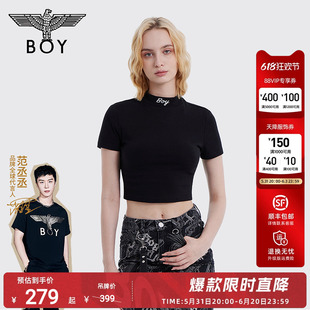 领口字母刺绣小高领T恤W01001 短款 女士修身 BOYLONDON夏季