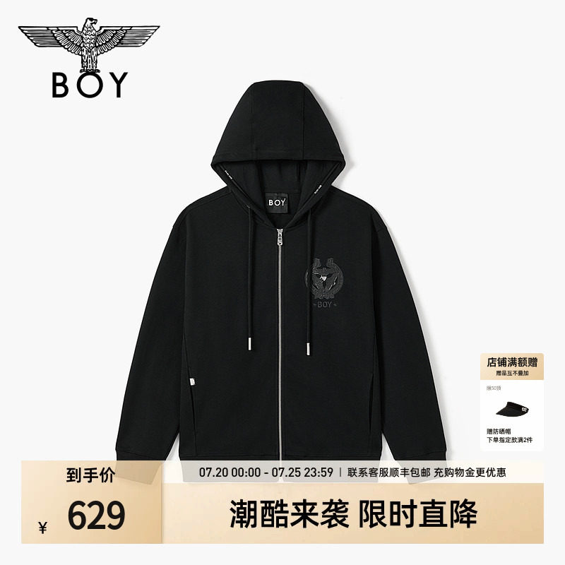 BOYLONDON高街开衫卫衣黑色潮牌时尚秋季透气连帽外套男女N06032