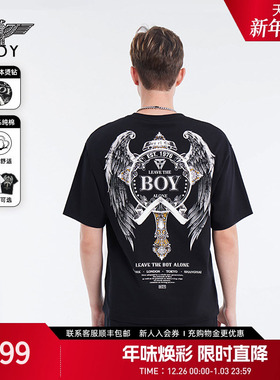 【闪耀银币】BOYLONDON春季男女同款烫钻做旧翅膀印花T恤N01002