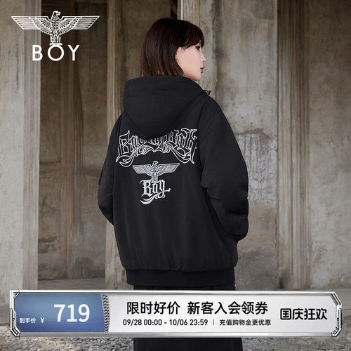 BOYLONDON冬季情侣款外套logo刺绣哥特风休闲保暖连帽棉服N29013