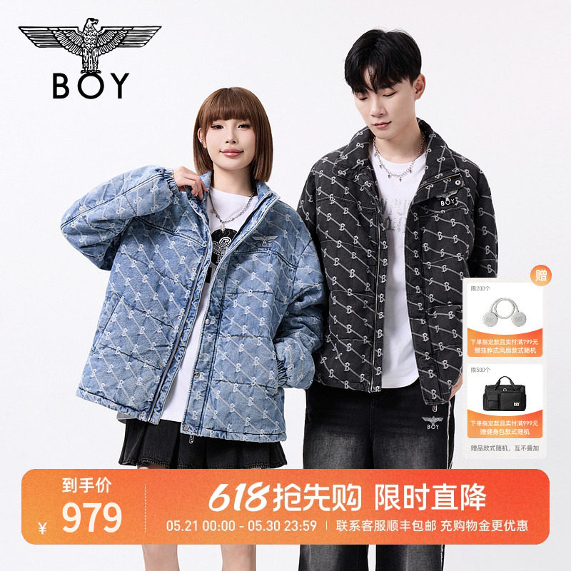 BOYLONDON冬季短款情侣棉服潮牌外套提花保暖水洗牛仔棉衣N