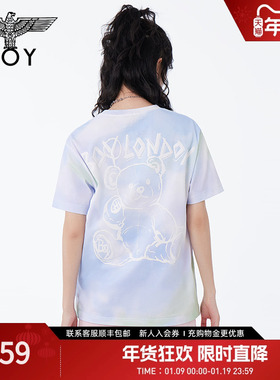 BOYLONDON夏情侣款短袖渐变小熊立体印花宽松潮牌T恤N01025