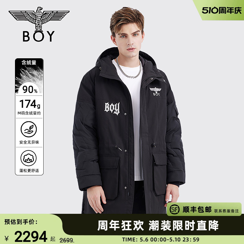 BOYLONDON秋冬情侣款外套老鹰刺绣时尚保暖长款连帽羽绒服N26008