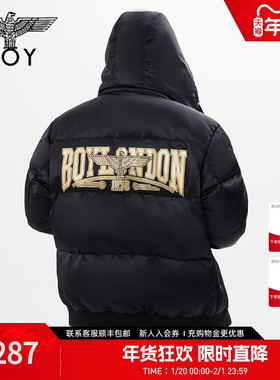 BOYLONDON冬情侣款黑金刺绣宽松黑色短款连帽羽绒服N28806