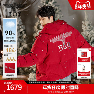 BOYLONDON冬季新年红色短款潮流羽绒服时尚男女90绒外套N28036