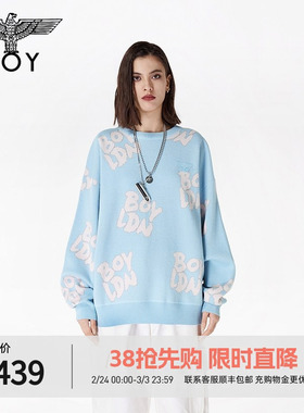 BOYLONDON春季情侣款字母提花甜酷宽松休闲套头长袖毛衣N60002