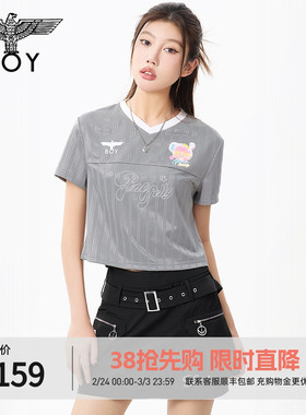 BOYLONDON复古潮流小V领潮趣涂鸦印花春夏短款T恤女款短袖W01264