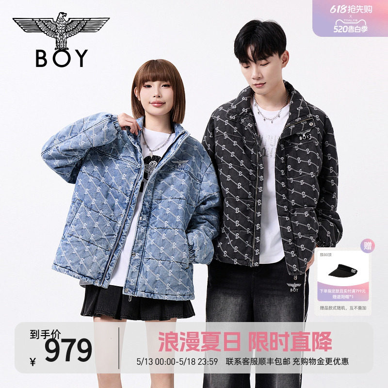 BOYLONDON冬季短款情侣棉服潮牌外套提花保暖水洗牛仔棉衣N
