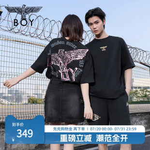 印花潮牌針織短袖 黑粉風(fēng)暴 BOYLONDON春夏情侶款 T恤N01911