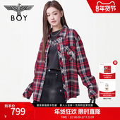玫瑰花窗 BOYLONDON春季 情侣款 红黑刺绣格子衬衫 外套N21004