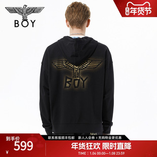 BOYLONDON春季外套男女同款网点烫钻LOGO黑色连帽卫衣N06001