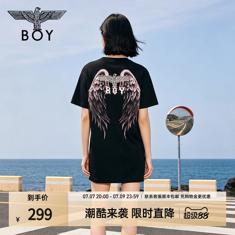【粉雾羽痕】BOYLONDON唯美天使翅膀印花潮流夏季女连衣裙W17006