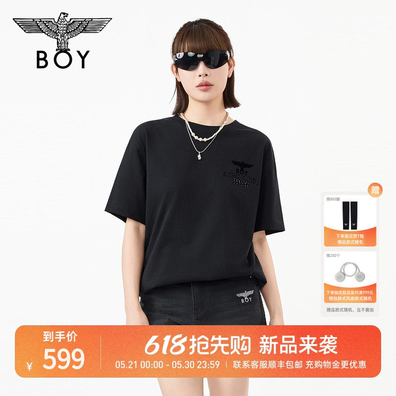 BOYLONDON夏季简约黑色仿银烫钻男女T恤26年新款潮酷短袖