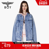 BOYLONDON春季 情侣款 宽松潮牌印花做旧水洗复古蓝牛仔外套N50000