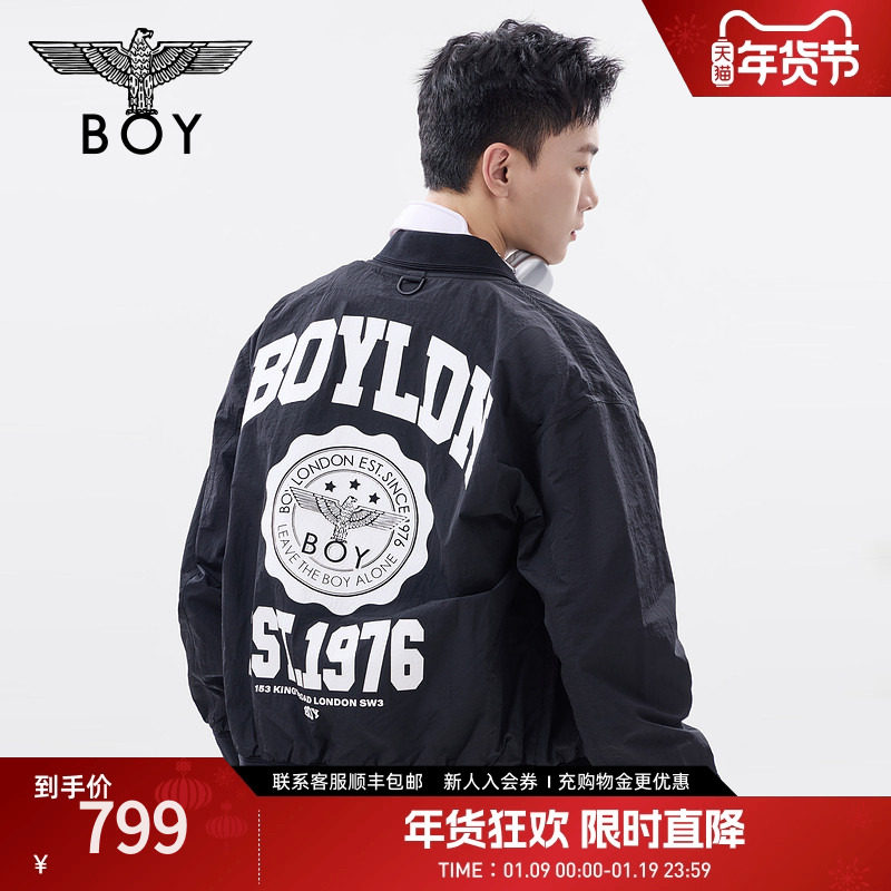 BOYLONDON春男女同款夹克学院风印花黑色潮牌棒球领外套N23004