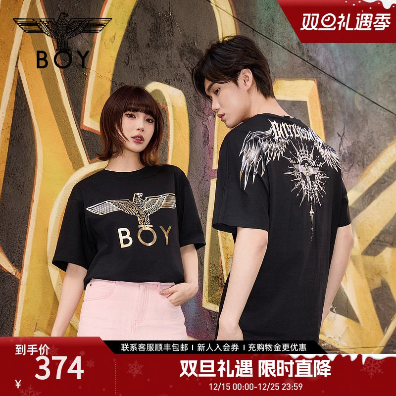 【暗黑罗盘】BOYLONDON春夏男女同款烫金潮牌短袖翅膀T恤N01906