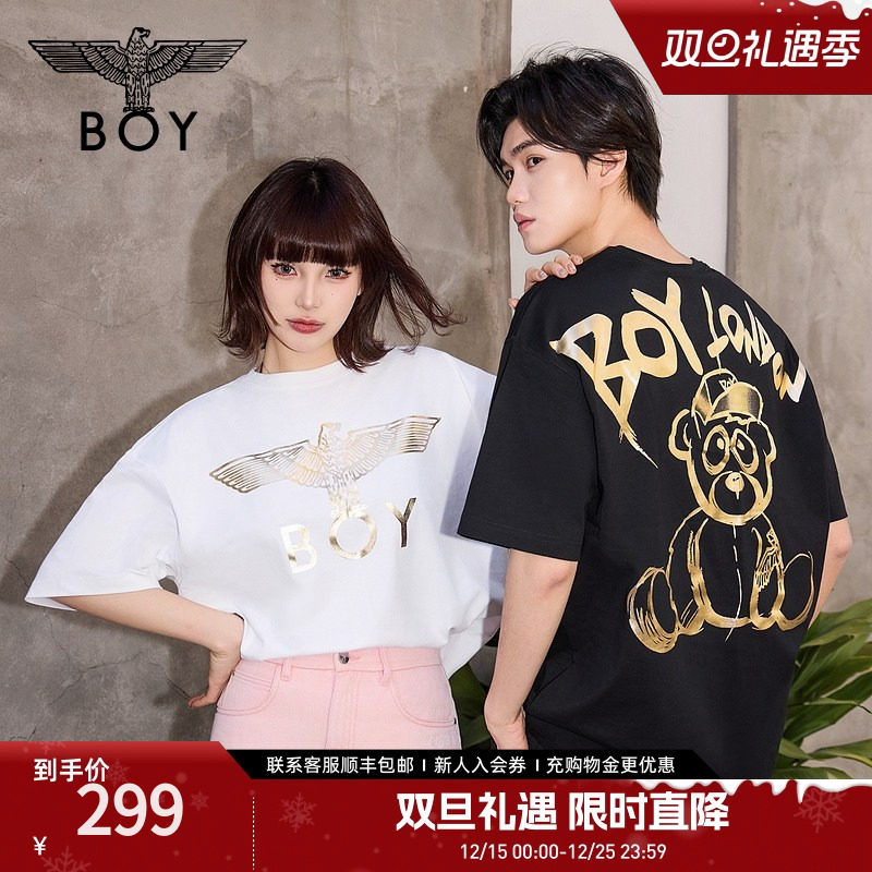 BOYLONDON夏季短袖情侣男女同款小熊涂鸦满印潮牌T恤N01