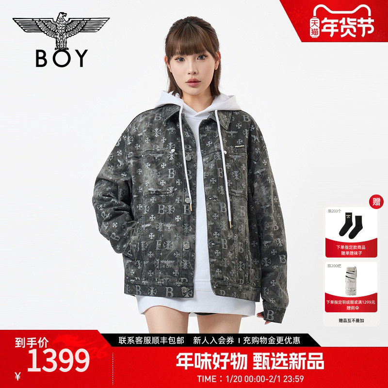 BOYLONDON黑灰晕染满印字母男女款牛仔外套2026年春季新款N50001,男装,牛仔外套,淘宝优惠券,粉丝福利购,淘宝优惠卷