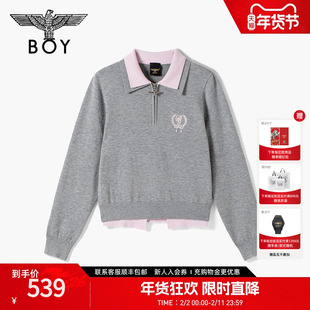 BOYLONDON学院风粉灰撞色假两件女毛衣新款POLO领针织衫W60912
