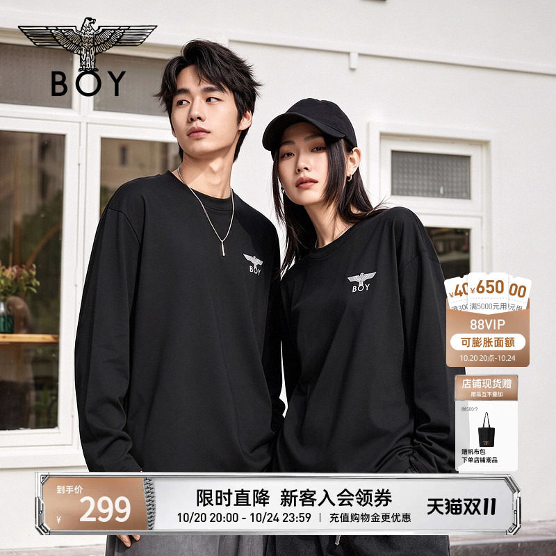 BOYLONDON潮牌街头风简约黑色百搭圆领长袖秋季男女同款T恤