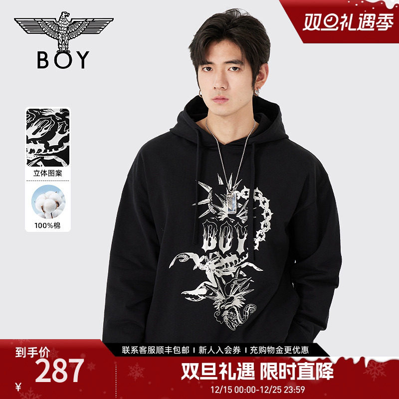 boylondon套头衫连帽卫衣潮黑色