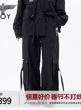 BOYLONDON美式大口袋潮酷直筒工装裤夏季男女同款朋克长裤N34045