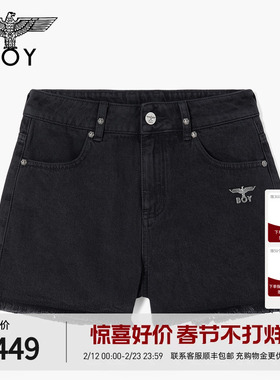 BOYLONDON时尚潮牌黑色百搭纯棉毛边热裤夏季女款牛仔短裤W53003