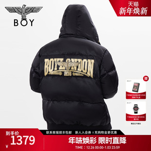 BOYLONDON冬情侣款 连帽羽绒服N28806 黑金刺绣宽松黑色短款