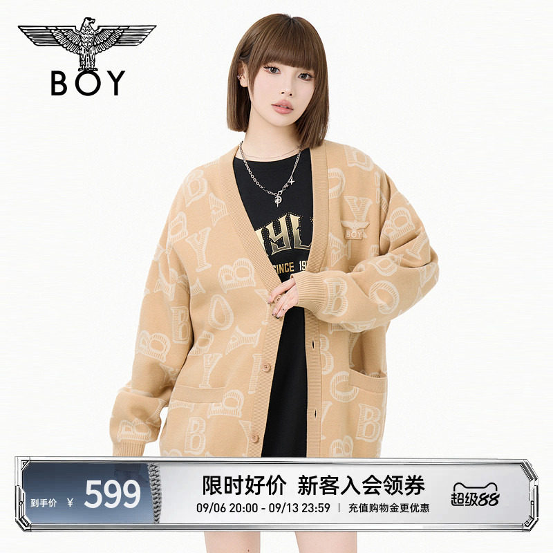 BOYLONDON秋冬V领慵懒风情侣老钱提花潮牌针织毛衣开衫外套N64021