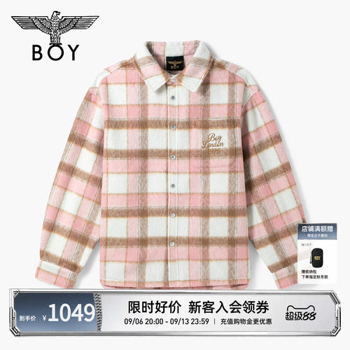 BOYLONDON粉棕撞色格纹毛呢长袖衬衫秋冬男女新款外套N21042