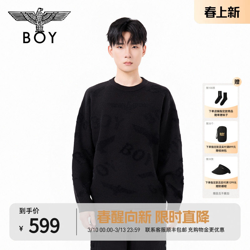 BOYLONDON春秋情侣毛衣简约百搭套头圆领潮流提花针织毛衫N60022