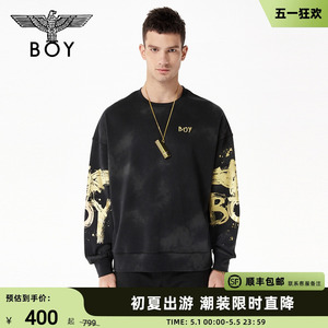 BOYLONDON潮牌卫衣男女同款刺绣LOGO双袖对称印花黑色长袖N03004