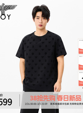 BOYLONDON纯棉黑色植绒满印立体印花短袖2026年春夏新款T恤N01005
