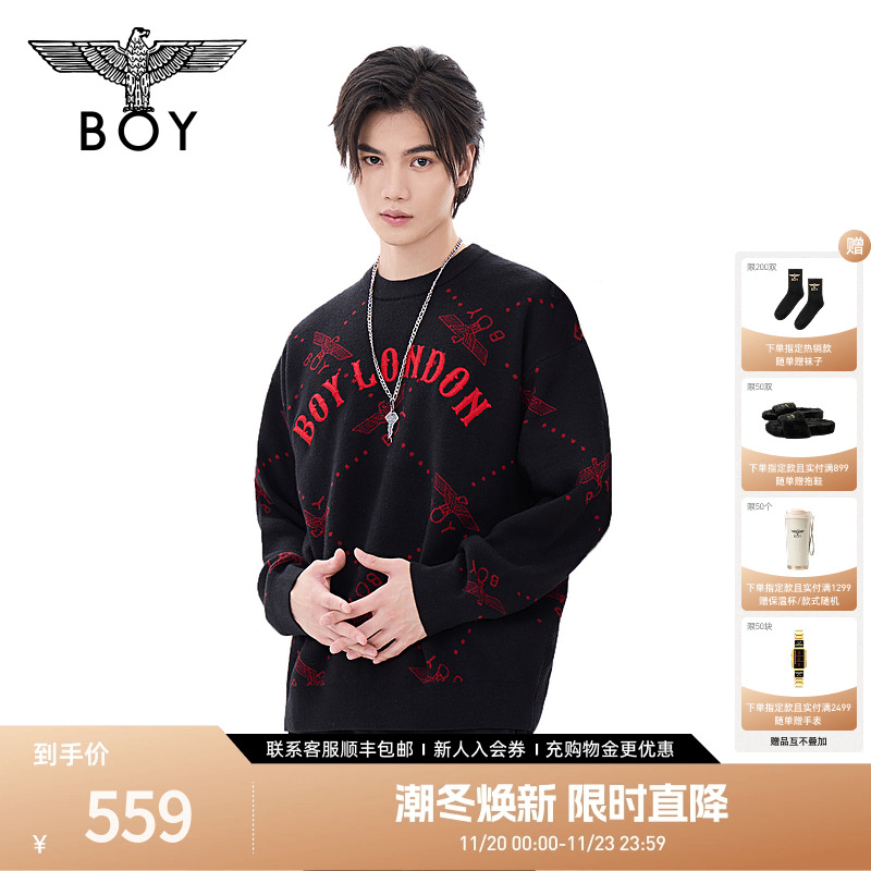 BOYLONDON秋季提花潮牌毛衣黑色男女款圆领套头毛衫针织衫N60908