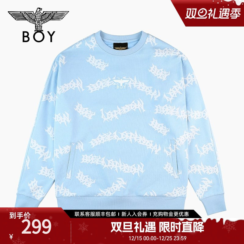 BOYLONDON春季情侣款长袖潮牌满印刺绣宽松圆领套头卫衣N03005