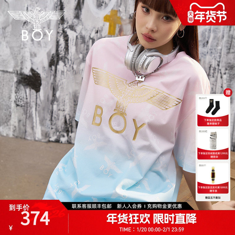 【西柚果茶】BOYLONDON蓝粉渐变潮牌短袖夏季男女同款T恤N01090,男装,T恤,淘宝优惠券,粉丝福利购,淘宝优惠卷