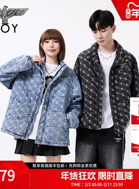 BOYLONDON冬季短款情侣棉服潮牌外套提花保暖水洗牛仔棉衣N29901